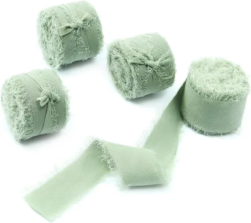 Vista 40 de 4 rollos de 1 pulgada de ancho x 5 yardas de largo, cinta de gasa con flecos hecha a mano, de chifón y seda, con bordes deshilachados
