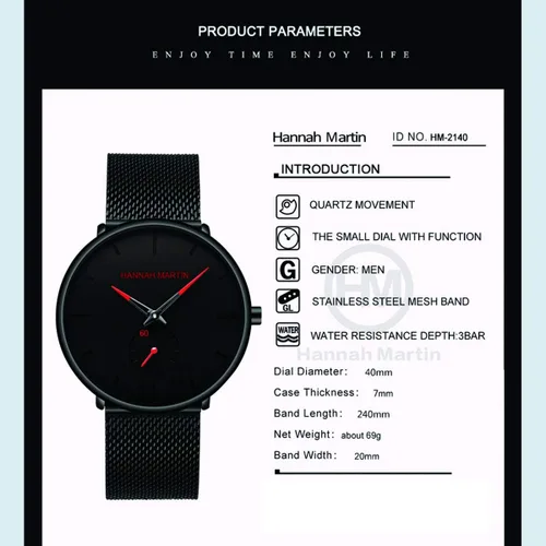 Vista 3 de HANNAH MARTIN Reloj de pulsera ultrafino negro para hombre, vestido impermeable de moda, correa de acero inoxidable