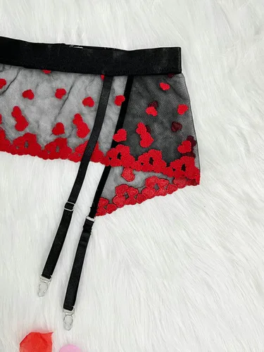 Vista 7 de WDIRARA Conjunto de lencería sexy con estampado de labios entrecruzados de malla con corte de liguero con calcetín