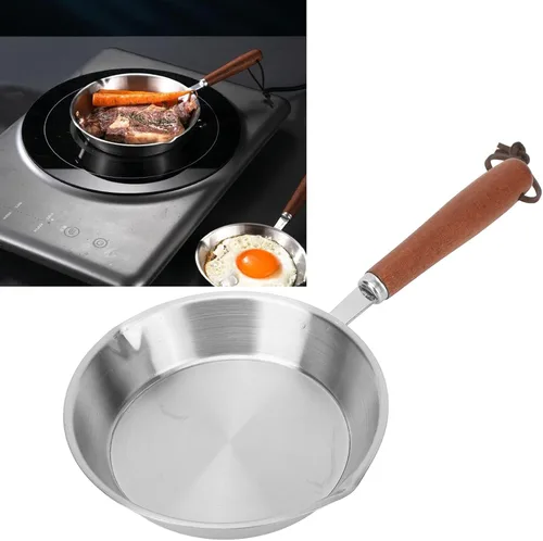 Vista 2 de Asixxsix Sartén de acero inoxidable, sartén antiadherente para huevos con mango de madera, sartén de cocina adecuada para todas las estufas