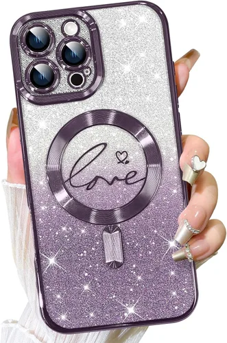Vista 97 de Fiyart Funda Compatible con iPhone 12 Pro, Compatible con MagSafe Chapado Corazón de Amor Protección de Cámara TPU Magnético con Purpurina