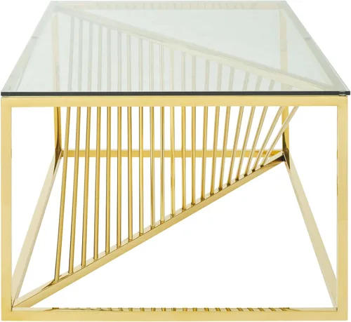 Vista 7 de SSLine Mesa de centro de cristal transparente con patas de marco de acero inoxidable dorado, mesa de centro rectangular de lujo para sala de estar
