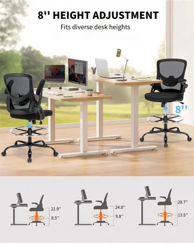 Vista 8 de Silla de dibujo, silla de oficina alta para escritorio de pie, silla de escritorio ergonómica de pie con reposabrazos abatibles, silla de oficina