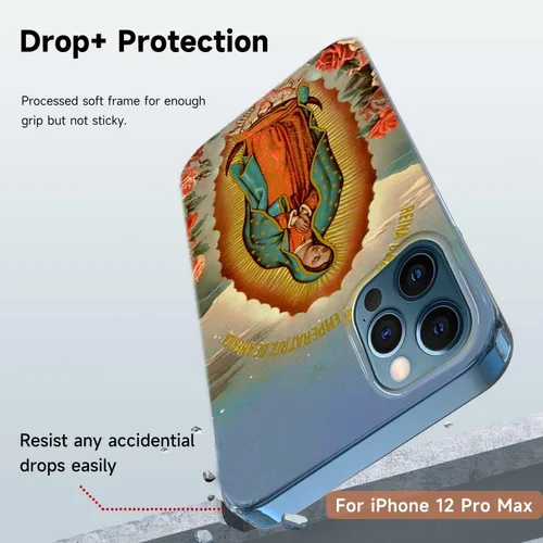 Vista 4 de Funda transparente adecuada para iPhone 12 Pro Max con patrón católico de la Virgen María de Guadalupe de cuatro esquinas, reforzada, a prueba