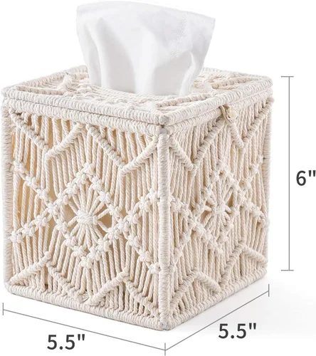 Vista 7 de Mkono 2 piezas de macramé caja de soporte de pañuelos y soporte de perfume de maquillaje cesta de organizador