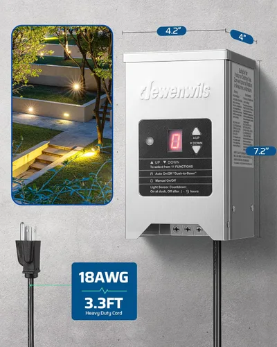 Vista 7 de DEWENWILS Transformador de Paisaje de Bajo Voltaje de 150W con Sensor de Fotocélula, 120V AC a 12V/15V AC, Transformador de Bajo Voltaje para Luces