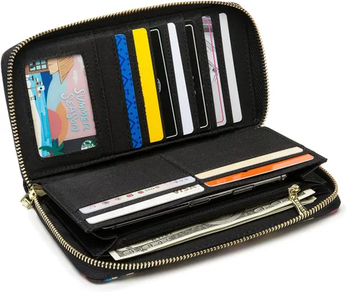 Vista 21 de Cartera de mano para mujer, estilo bohemio, con RFID, elegante, espaciosa con correa para viajes, capacidad para tarjetas, teléfono, dinero