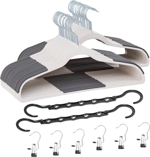 Vista 23 de VECELO Juego de 25 perchas de plástico con muescas antideslizantes para el armario, ahorro de espacio, perchas resistentes, color beige
