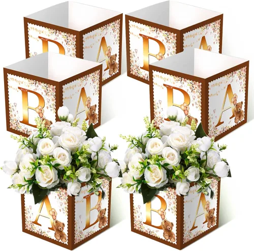 Vista 8 de Bucherry 6 centros de mesa de baby shower con letras, bloques de bebé de 7 pulgadas, cajas de flores para decoración de mesa, suministros de fiesta