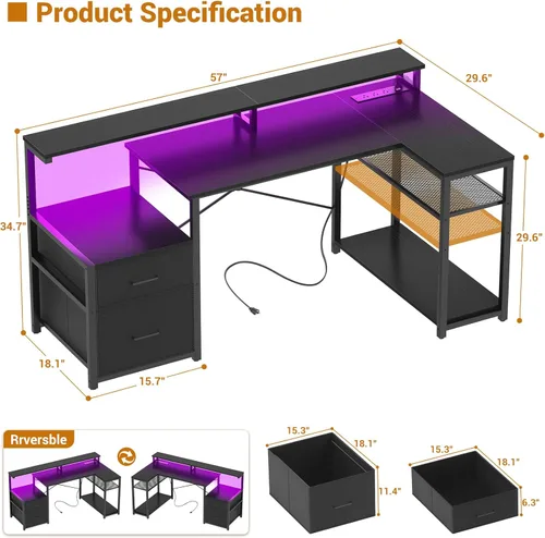 Vista 2 de Aheaplus Escritorio en forma de L con cajón de archivos, escritorio reversible en forma de L para computadora y juegos con toma de corriente