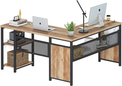 FATORRI Escritorio para computadora en forma de L con estantes de madera, escritorio de esquina industrial rústico para oficina en casa con patas de