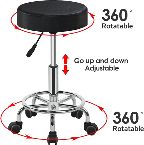 Vista 8 de Yaheetech Silla de spa ajustable con ruedas, taburete redondo pequeño, silla de tatuaje, color negro
