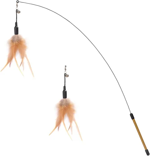 Juguete de plumas para gato Pawaboo - Varita interactiva con varita extra larga de 34.5" y pequeña campana, juguete divertido para ejercitar a Marrón