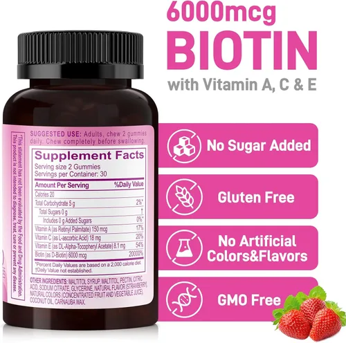Vista 2 de Biobor Gomitas naturales de biotina de 6000 mcg sin azúcar añadido, gomitas de belleza para el cabello, piel y uñas, con vitaminas A C E