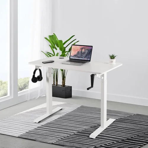 Vista 4 de UNICOO - Escritorio de pie de altura ajustable con manivela, mesa de juegos, mesa de oficina en casa, mesa de computadora con USB y cargador