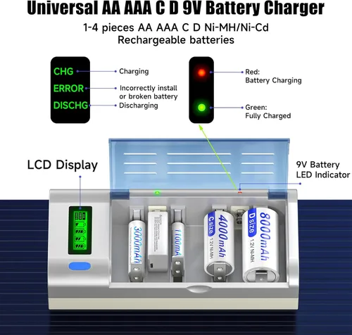 Vista 2 de Paquete de 6 baterías recargables C 1.2 V 4000 mAh NiMH con cargador de batería LCD universal para AA AAA C D 9V NiMH NiCD batería recargable