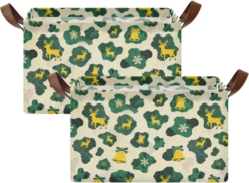 Vista 2 de Christmas Cow Fur Print Green and Yellow Large Storage Boxes Baskets Fabric Storage Bins with Handles Organizing Closet Shelf for Shelves Closet