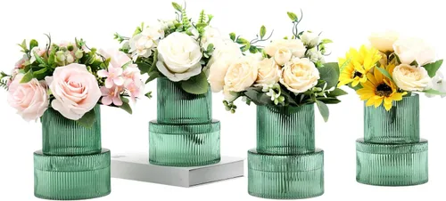 Vista 30 de Jarrón redondo de cristal, floreros para ramo, jarrones de vidrio acanalado para flores, pequeño jarrón transparente para sala de estar, oficina