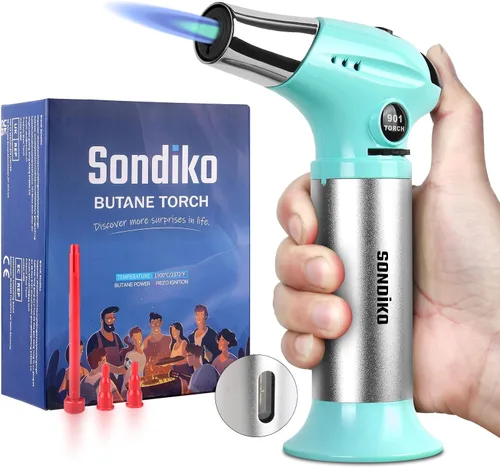 Vista 10 de Sondiko Antorcha para Crème Brûlée, Antorcha Encendedor de Butano Recargable con Llama Ajustable para Bricolaje, Crème Brûlée, Parrillada
