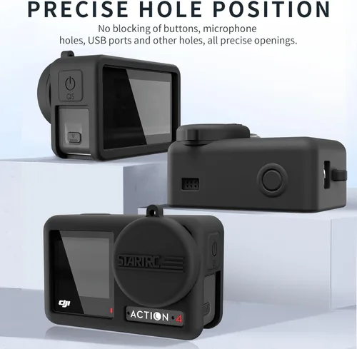 Vista 3 de Funda protectora de silicona para DJI Osmo Action 4/Action 3 Protector de lente de cámara Osmo Action 3/4 Accesorios de cámara con cuerda antipérdida