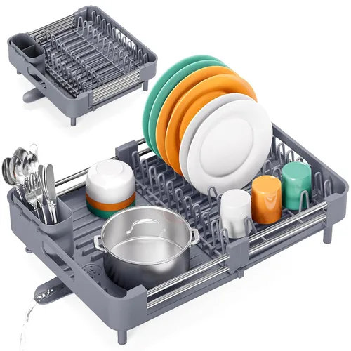 Vista 10 de TOOLF - Escurridor de platos con bandeja para escurrir el agua, extensible, para encimera de cocina, escurridor de platos expandible, escurridor