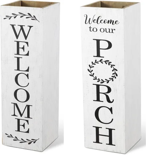 Vista 10 de Glitzhome Letrero de bienvenida de madera de 24 pulgadas de alto, diseño rústico de doble cara en forma de caja con texto en inglés "WELCOME PORCH