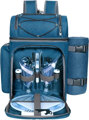 Vista 14 de Hap Tim Mochila de cesta de pícnic para 4 personas con 2 compartimentos aislados de refrigeración, soporte para vino, manta de forro de vellón
