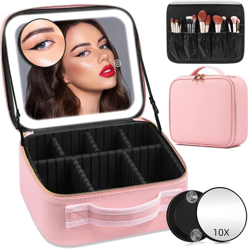 Vista 12 de Estuche de Maquillaje de Tren con Espejo y Luz de 3 Colores Ajustar Brillo, Bolsa de Maquillaje con Espejo Estuche de Cosméticos Recargable