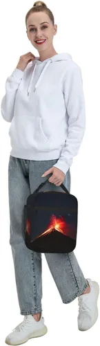 Vista 8 de Volcán Erupting at Night Bolsa de almuerzo impresa con bolsillo lateral Lonchera térmica Bolsa suave Bolsa térmica para picnic de trabajo