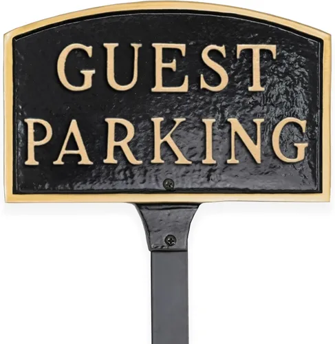 Montague Metal Products Letrero de placa de 5.5 x 9 pulgadas con estaca de césped de 23 pulgadas, color negro/dorado