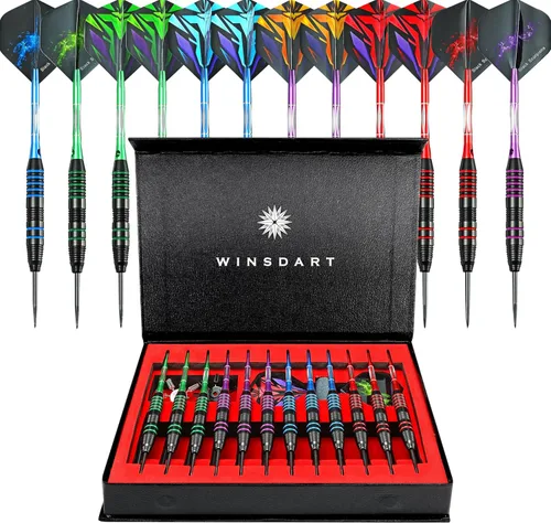 Vista 13 de WINSDART Steel Tip Darts 12 Pack Set with Nonslip Iron Barrel Aluminum Dart Shafts and Flights Darts Sharpener an Gift Box