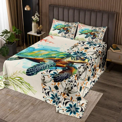 Vista 21 de Juego de colcha con temática de caballito de mar con temática de criaturas oceánicas para niños, niñas, adolescentes, decoración de habitación de un