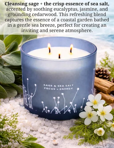 Vista 2 de Vela de 3 mechas de sal marina de salvia blanca, vela grande perfumada de soja de 14.5 onzas, vela de salvia para limpieza de casa, velas aromáticas