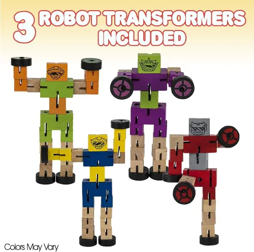 Vista 2 de ArtCreativity Paquete de 3 robots de juguete de madera, coloridas figuras de acción transformables de 5.75 pulgadas y bloques STEM para niños