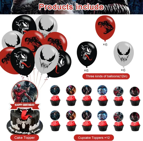 Vista 3 de Venom 2 - Decoraciones de fiesta de cumpleaños Venom 2, incluye pancarta, adornos para pasteles, adornos para cupcakes, globos, calcomanías, rojo