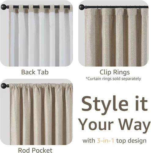 Vista 6 de Cortinas opacas completas de 63 pulgadas de largo para dormitorio, cortinas texturizadas de lino beige con forro con aislamiento térmico, cortinas