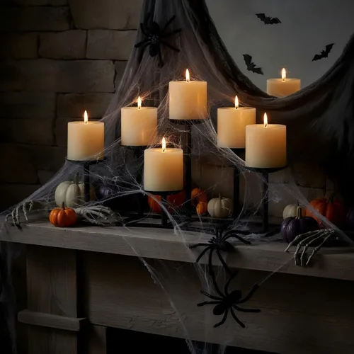 Vista 4 de LANLONG Portavelas de pilar para candelabros, chimenea, portavelas de metal negro mate con 6 soportes para velas, mantel de mesa de piso, centro