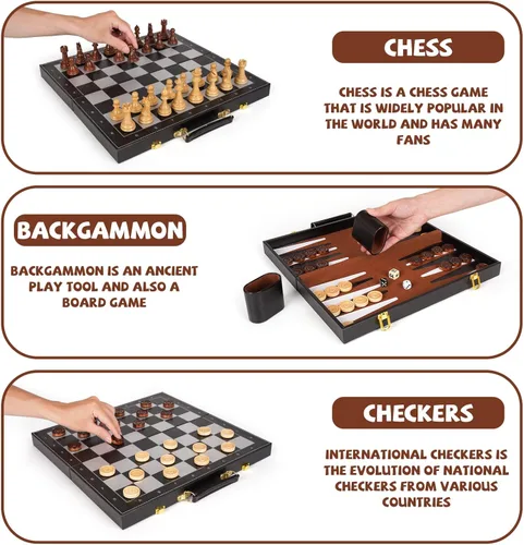 Vista 4 de Juego de ajedrez magnético 3 en 1 y juego de mesa de backgammon de damas, tablero de ajedrez plegable de madera de 15 pulgadas, juego de ajedrez