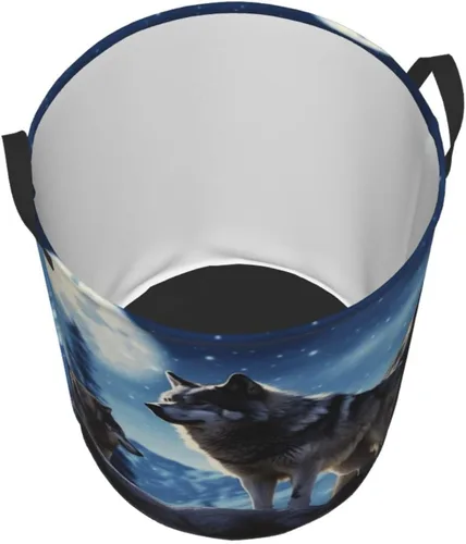 Vista 3 de Cesta circular con estampado de lobos, impermeable, cesta organizadora de lavandería, con asas, para ropa, juguetes, pequeña