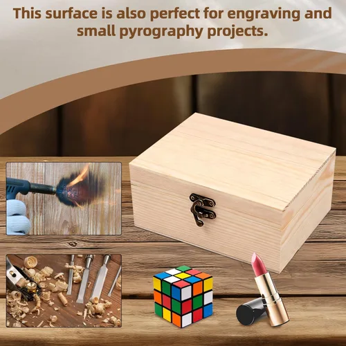 Vista 6 de Caja de madera sin pintar sin terminar con tapa con bisagras para manualidades, almacenamiento de joyas, caja de pino liso, pequeña de 6.7 x 5.1 x