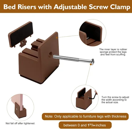 Vista 3 de Elevadores de cama de 2 pulgadas con abrazadera de tornillo ajustable, paquete de 4 elevadores de muebles resistentes, soporta hasta 5,000 libras