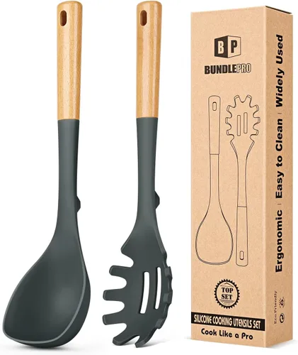 Vista 8 de Juego de cucharón de sopa de silicona y cuchara de espagueti con mango de madera, utensilios de cocina antiadherentes resistentes al calor para Negro