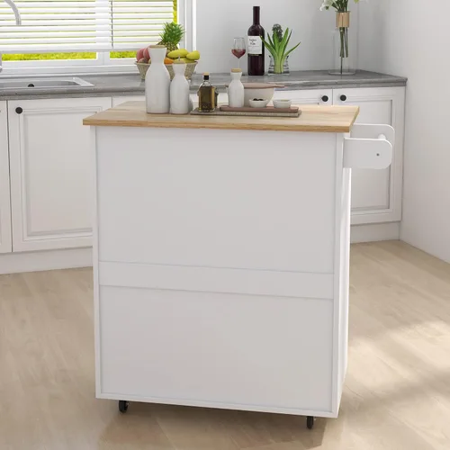 Vista 17 de RASOO Isla de cocina con almacenamiento, carrito de cocina blanco rodante sobre ruedas, estante ajustable, carrito de isla de madera maciza de goma
