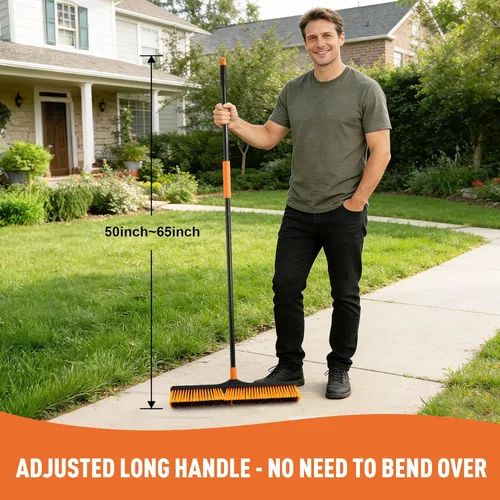 Vista 4 de Cepillo de escoba de empuje de 24 pulgadas para limpieza de suelos con mango largo de 65 pulgadas y cerdas rígidas, cepillo resistente para tienda