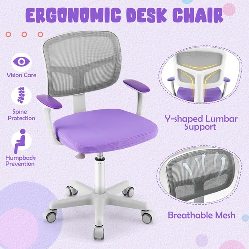 Vista 13 de Silla de escritorio para niños, silla ergonómica giratoria para estudio con soporte lumbar, malla transpirable y ruedas universales, silla de Rosa