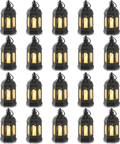 Vista 11 de Romadedi Mini Linternas Decorativas para Centro de Mesa: 10 piezas de linterna pequeña negra colgante a granel con velas LED parpadeantes