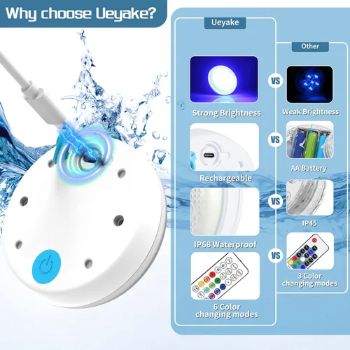 Vista 4 de Luces de piscina, luces LED sumergibles recargables con control remoto, imán integrado, 16 luces flotantes que cambian de color, luces subacuáticas