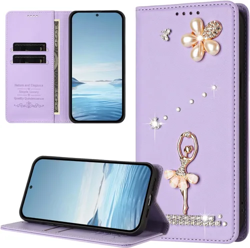 Wallet Case for Motorola Moto E22 4G / E22i 4G,Glitter Pearl Flower Ballerina Flip Case Card Slots Stand RFID Blocking PU Leather Magnetic
