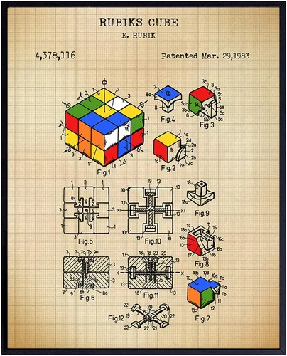 Impresión artística original de patente del rompecabezas Rubiks - Póster de arte vintage para pared - Decoración del hogar para niños, habitación de