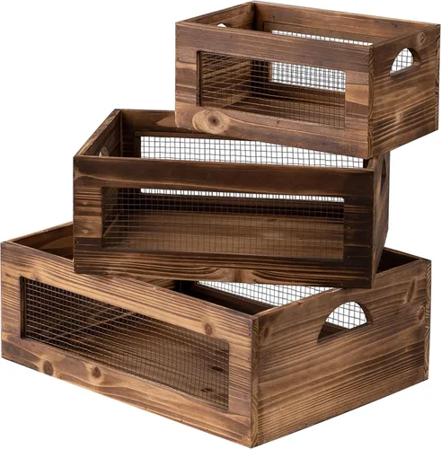 Vista 12 de Juego de 3 cajas de madera de granja, cajas de madera envejecida para exhibición, contenedores de almacenamiento de madera decorativos, cesta